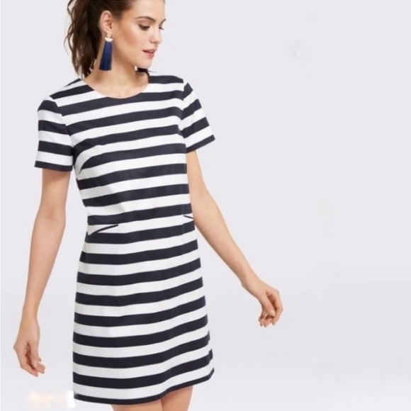 Draper James Navy Blue Striped Nautical Shift Dress Size 6 Preppy Classic Cotton - Picture 1 of 12